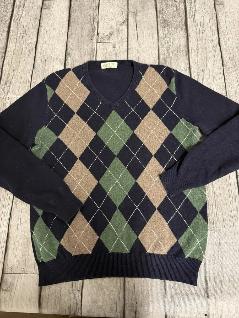 Men’s J. Crew Argyle Sweater Cashmere Blend Navy/Green/Tan Long Sleeve Sz Small